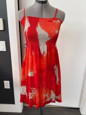 Theory Red, White and Orange Smocked Silk Dress